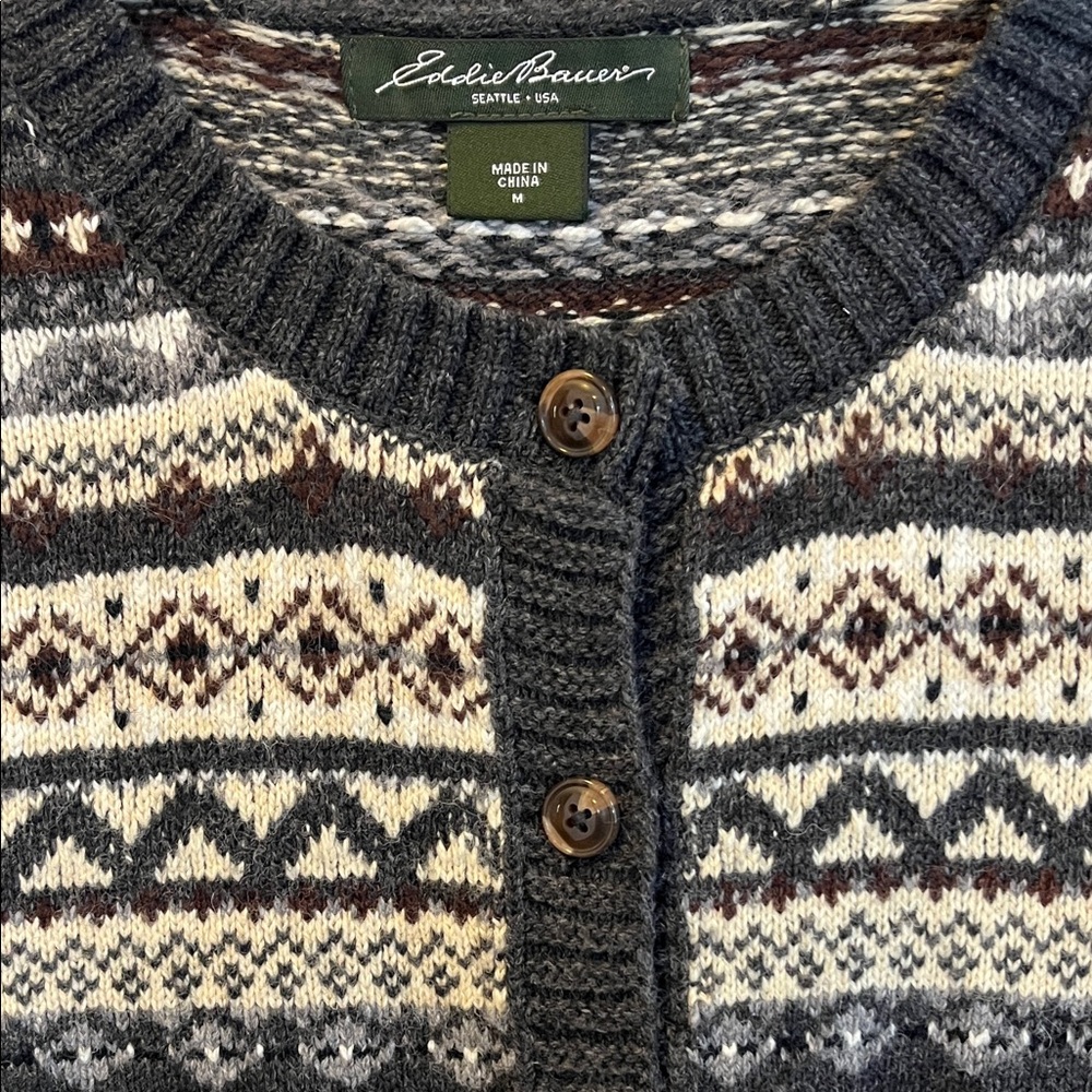 Eddie Bauer Black and Cream Knit Cardigan M